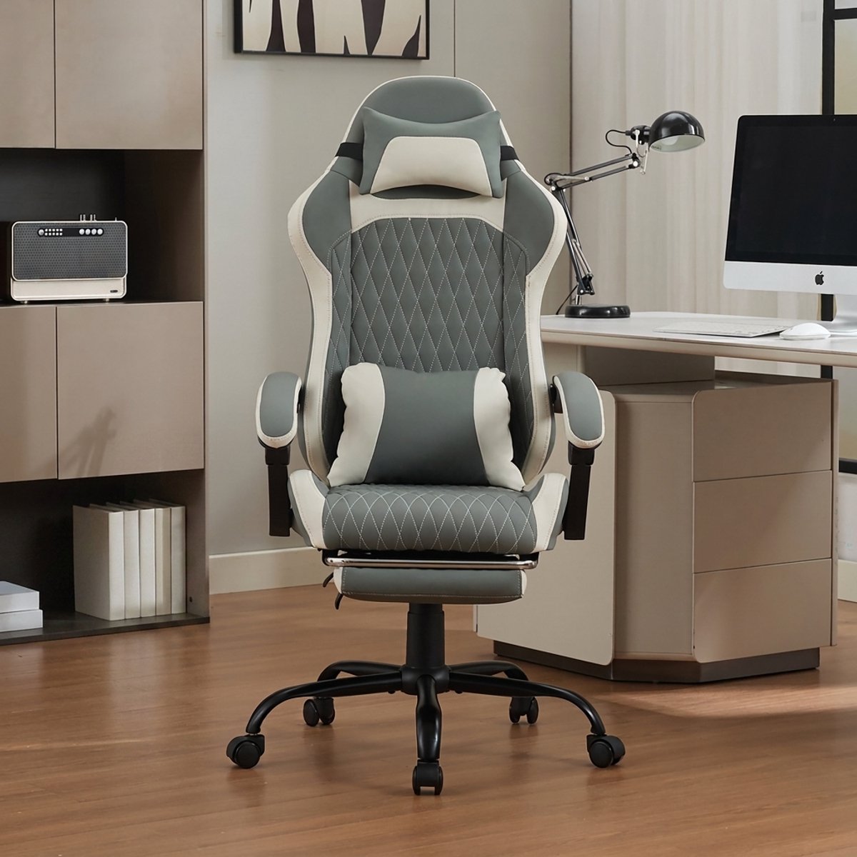 Gaming stoel - Ergonomische Gamestoel - Bureaustoel met Voetensteun - PU Lederen Stoel - 4D Spons - Stille Wielen - Lendensteun - Home Office - 62x62x134 cm