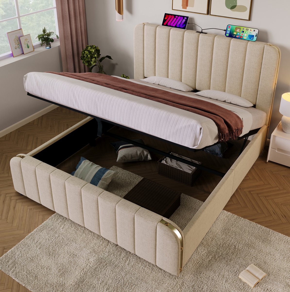 OKWISH Gestoffeerd Bed 140x190 cm - Met USB En Type-C Laadfunctie - Hydraulische Opbergruimte - Tweepersoonsbed Voor Volwassenen - Beige Stof - Zonder Matras