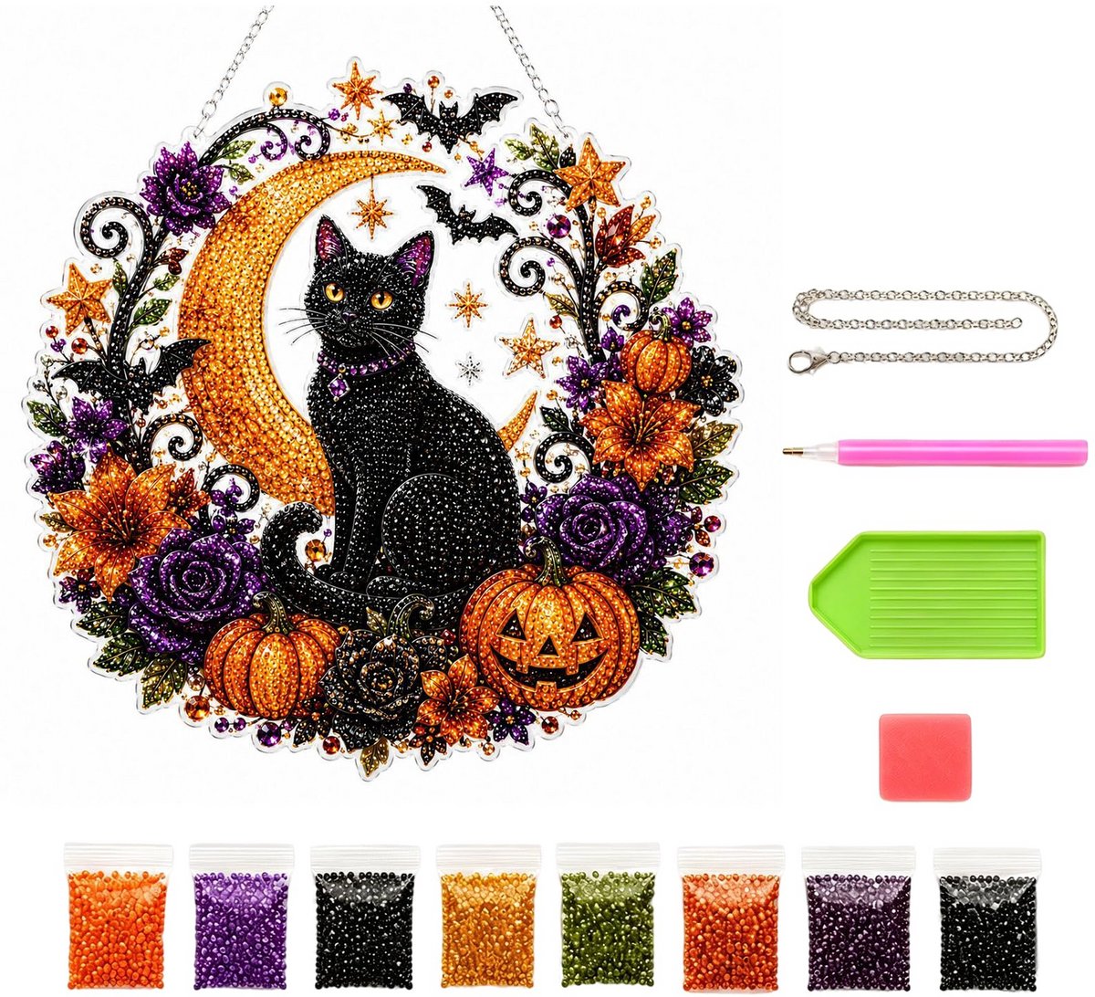 Ryoudavell - Halloween Diamond Painting Hanger - DIY Kristal Suncatcher en Handwerk Set - Creatieve 5D Diamant Schilderij Kunst Cadeau voor Volwassenen en Kinderen - Raam Decoratie met Zwarte Kat en Pompoen - Knutselen Hobby