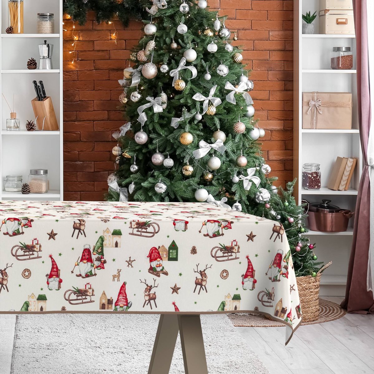 ANRO Tafelkleed Kerstkabouter Rood 140x120cm Met sierband Afwasbaar Waterafstotend Binnen & Buiten