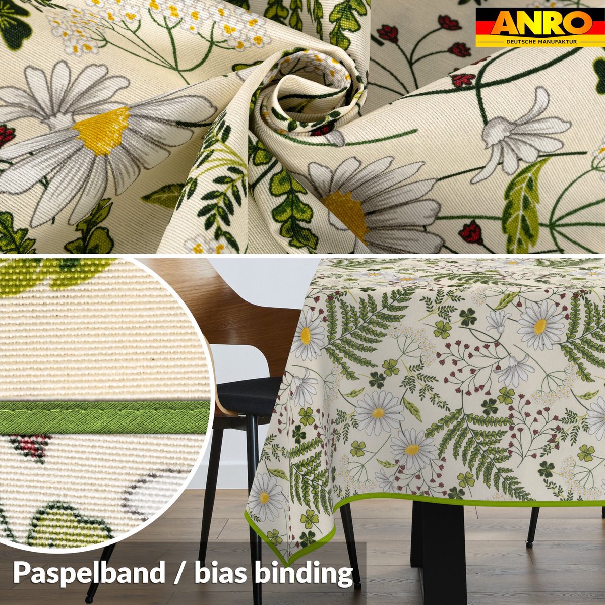 ANRO Tafelkleed Kamille Groen 260x140cm Met sierband Afwasbaar Waterafstotend Binnen & Buiten