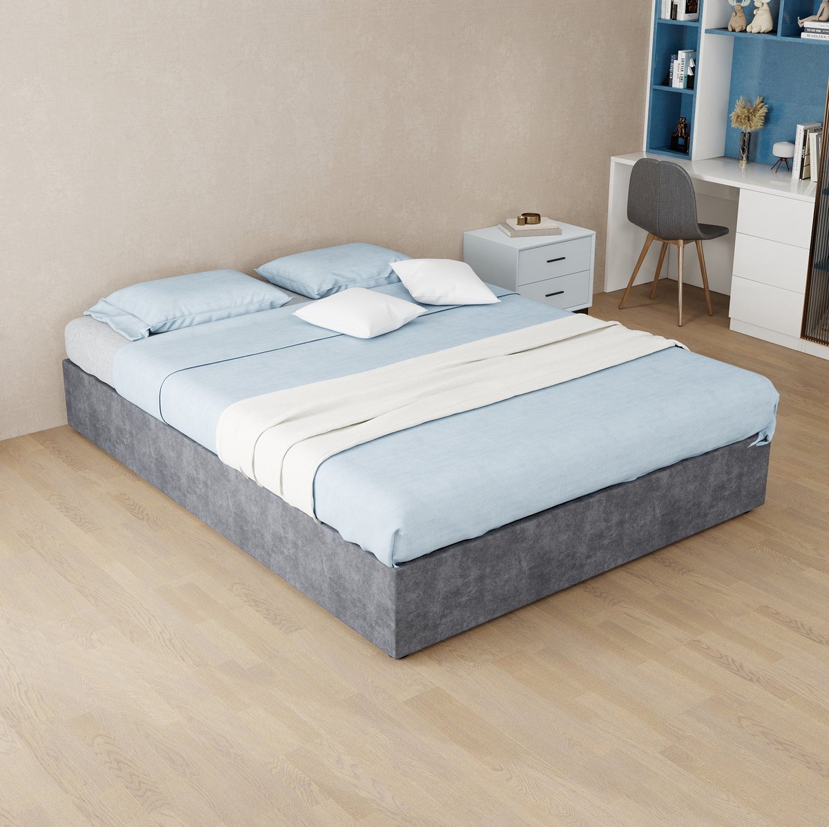 STILVORA Bedframe 140x200 cm – Gestoffeerd Tweepersoonsbed Met Gasliftstangen – Zonder Hoofdbord – Moderne Stijl – Zonder Matras – Grijs