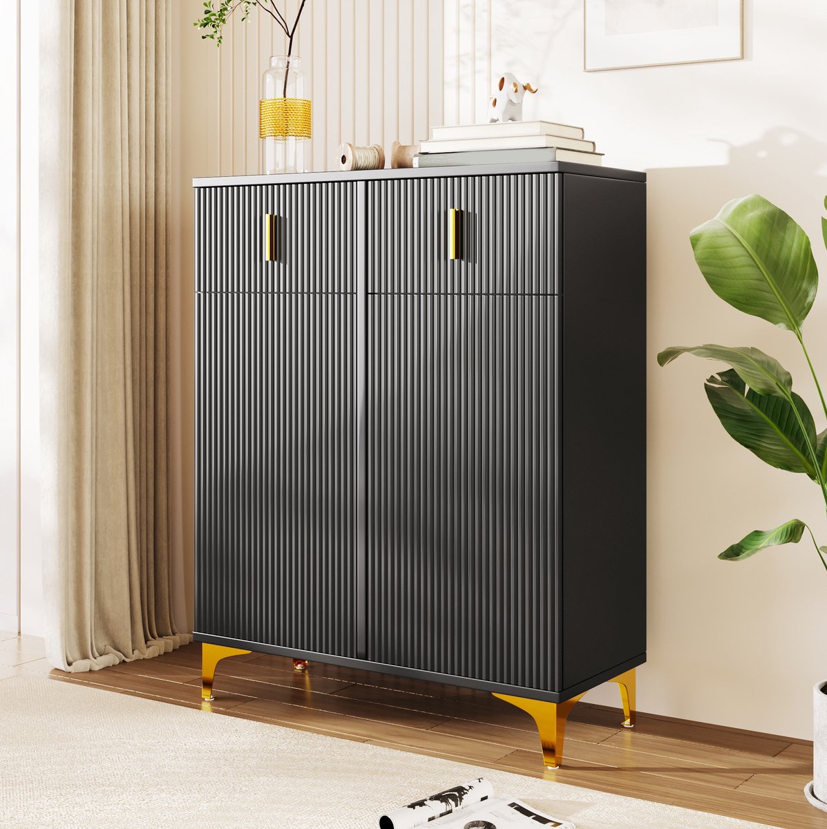 COVREO Schoenenkast 83 x 35 x 101 cm - zwart, 2 deuren, 2 lades, verstelbare planken