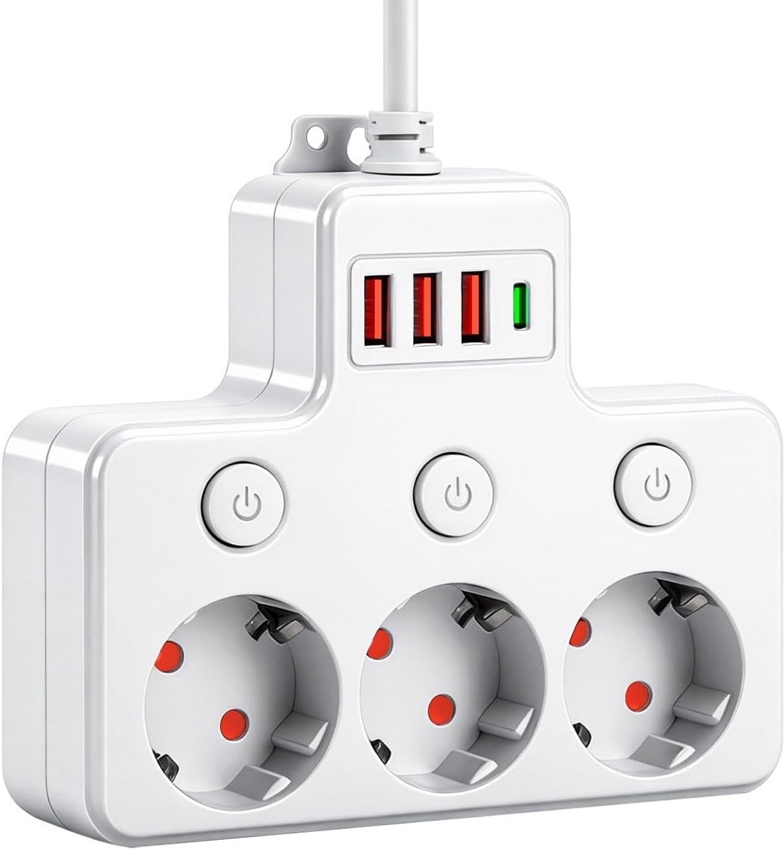 Thijox - Stekkerdoos met 3 Stopcontacten, 3 USB en 1 USB-C, Wandmontage, Energiebesparend met Schakelaar, Ideaal voor Kantoor, Thuis, Keuken en Badkam