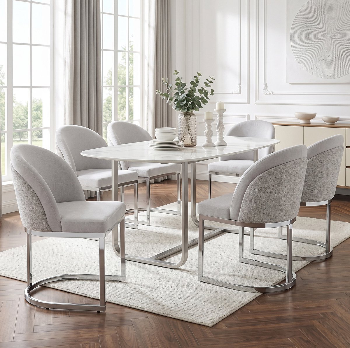 STILVORA Eetkamerstoel – Set Van 6 – Dubbele Rugleuning Met Comfortabele Chenille Bekleding – Voor Eetkamer En Woonkamer – Lichtgrijs Zilver