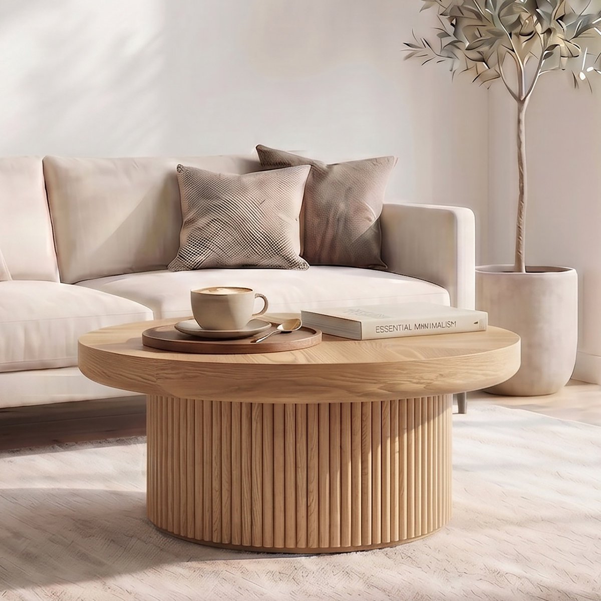 OKWISH Salontafel - Rond Met Parquet Patroon En Geribbelde Cilinderbasis - Voor Woonkamer En Kleine Ruimtes - Natuurlijk Hout - 78 x 38,5 cm Naturel hout
