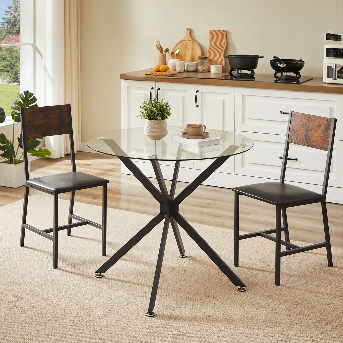 OKWISH Eettafel - Rond 80 x 80 x 78 cm - Gehard Glas - Voor 1 Tot 4 Personen - Compact Voor Keuken En Eethoek - Metaal Zwart