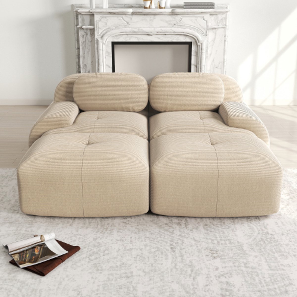 Hoekbank - Hoekbank van Zachte Corduroy – Bank Zonder Frame - Geen installatie Nodig - Comfortabele Zitzak Stoel – Beanbag voor Woonkamer en Slaapkamer - Beige