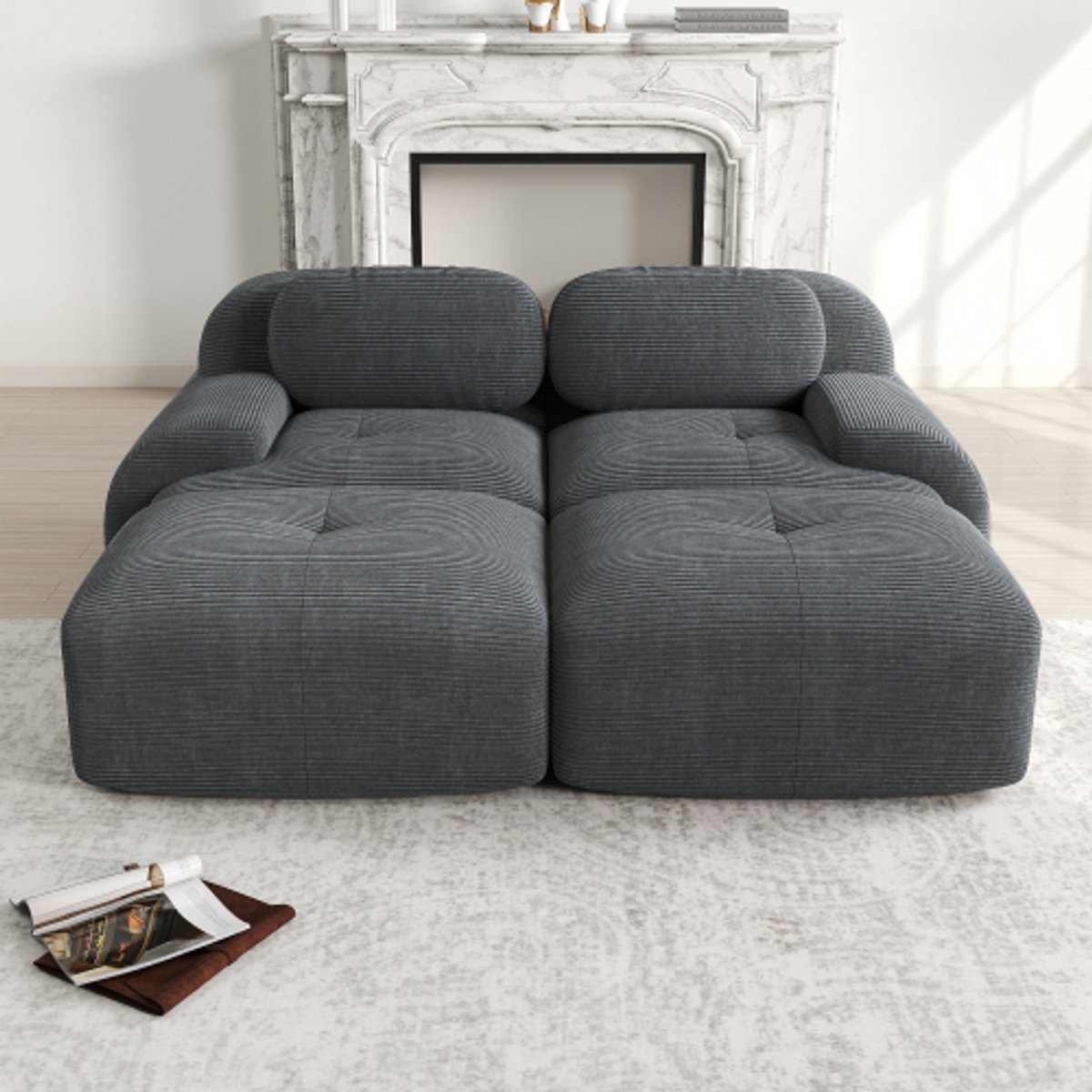 Hoekbank - Hoekbank van Zachte Corduroy – Bank Zonder Frame - Geen installatie Nodig - Comfortabele Zitzak Stoel – Beanbag voor Woonkamer en Slaapkamer - Grijs
