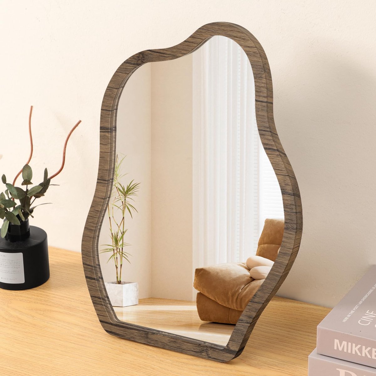 SnelShoppen - Onregelmatige Bureautafel Spiegel Make-up Hout Omlijst Draagbare Hoge Definitie Bruin voor Aanrecht Vanity Woonkamer Slaapkamer Badkamer