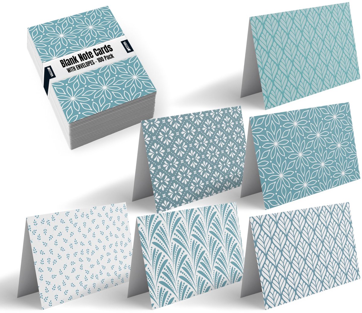 SnelShoppen - 100 Stuks Wenskaarten voor Alle Gelegenheden, Diverse Blanco Notitiekaarten 10 x 15 cm, 6 Blauwe Tinten Bloemenontwerpen, Blanco Binnenk