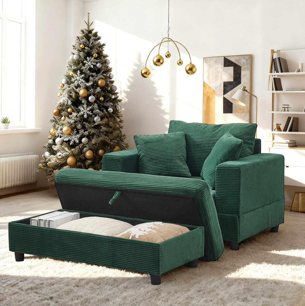 REDOM - Chaise longue - Opbergruimte - Voetsteun en 3 kussens - Modern - Woonkamer en slaapkamer - Ribstof - Smaragdgroen - 107 x 74 x 57 cm