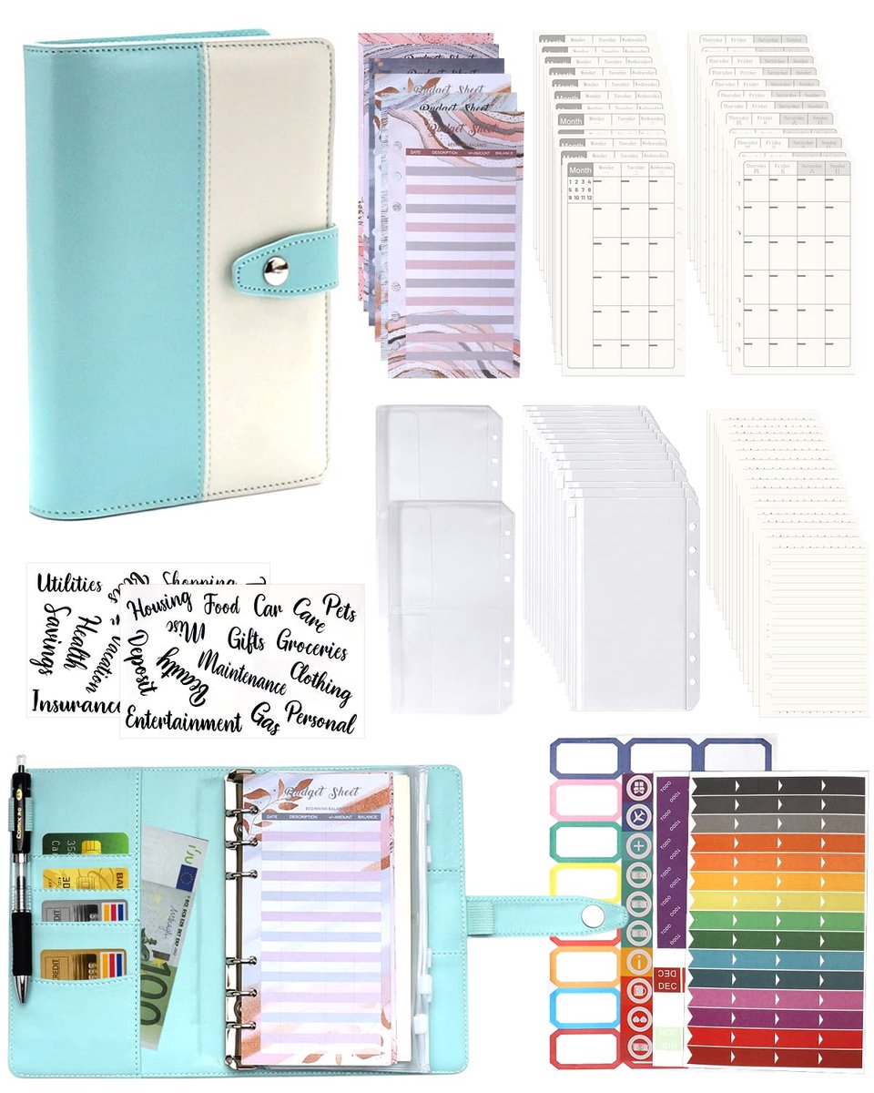 SnelShoppen - A6 Budgetplanner Notitieboek 90 Stuks - Leren Ringbandmappen 6 Gaten - Losse Bladen - Geld Besparen - Map met Budgetkaart - Kalender - P