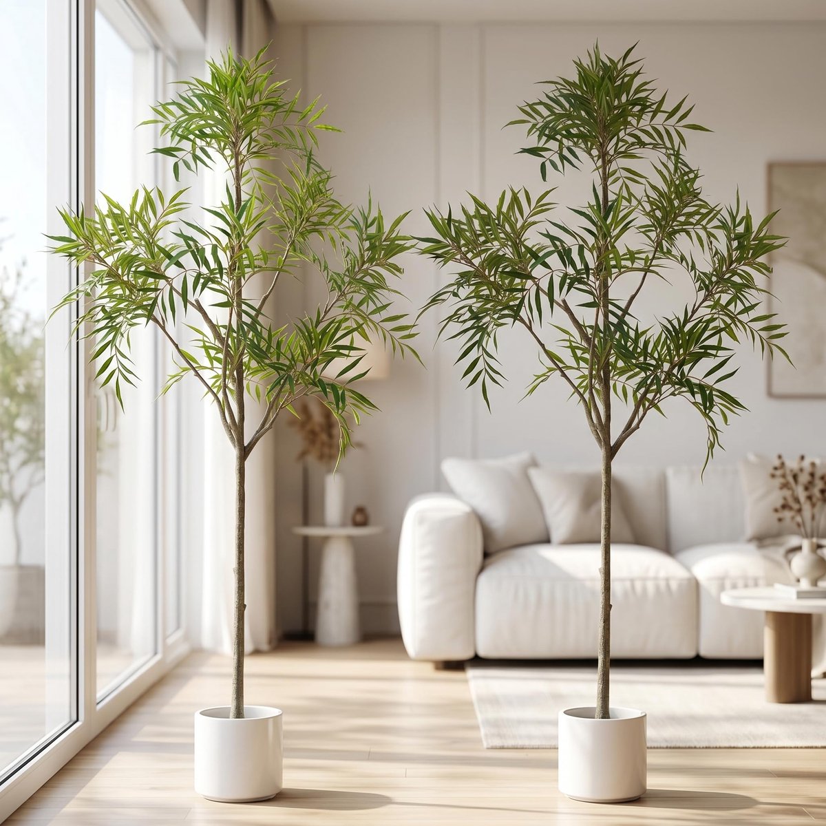 SnelShoppen - Grote kunstplant 180 cm, Mahonie kamerplant met witte pot, Buigbare bladeren, Stabiele nepplant voor woonkamer, kantoor, hal - 2 stuks