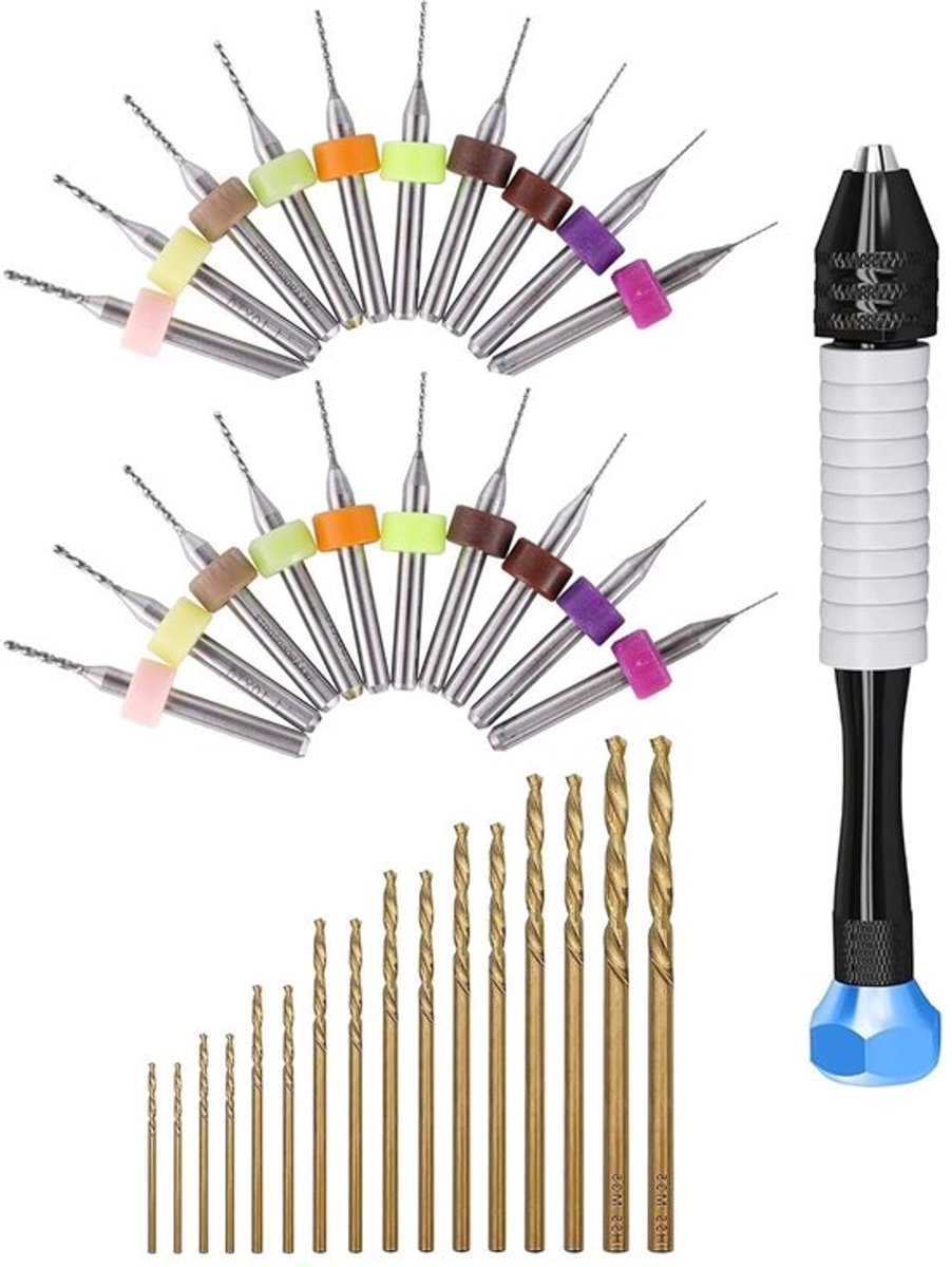 37-delige Mini Handboor Set met 16 Twist Boortjes, 1 Handboor en 20 Mini Boormachines voor PCB, Modelbouw, DIY Projecten en Houtsnijwerk