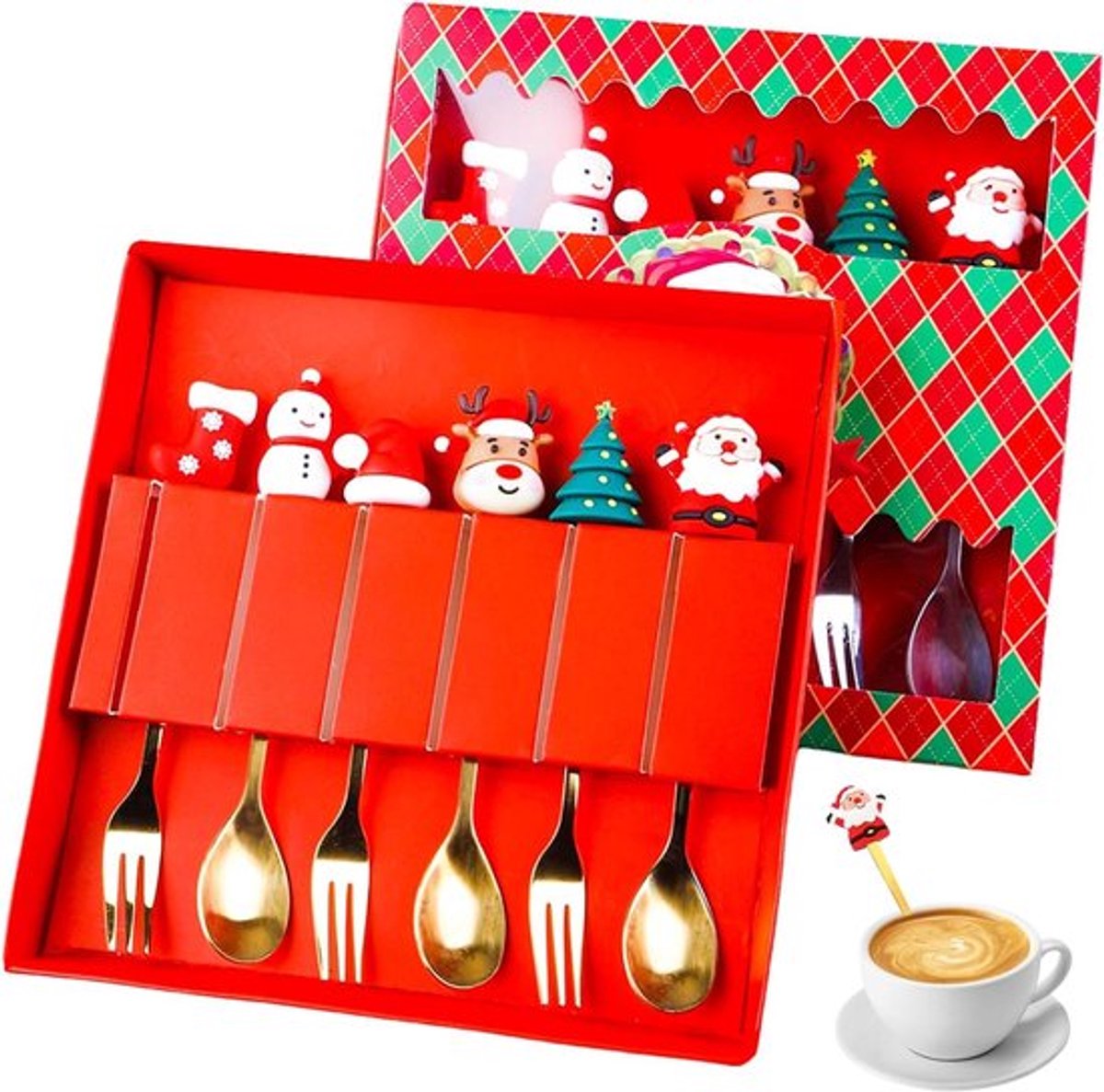 Kerstserviesset met 12 roestvrijstalen kerstkoffielepels, feestelijke tafeldecoratie voor kerstfeesten.