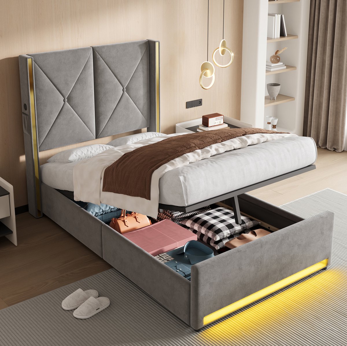 REDOM - Bedframe met opbergruimte - Hoog gestikt hoofdeinde - Hydraulisch opklapbaar - Met LED-verlichting en USB/Type-C - Velours - Donkergrijs - 90 x 200 cm