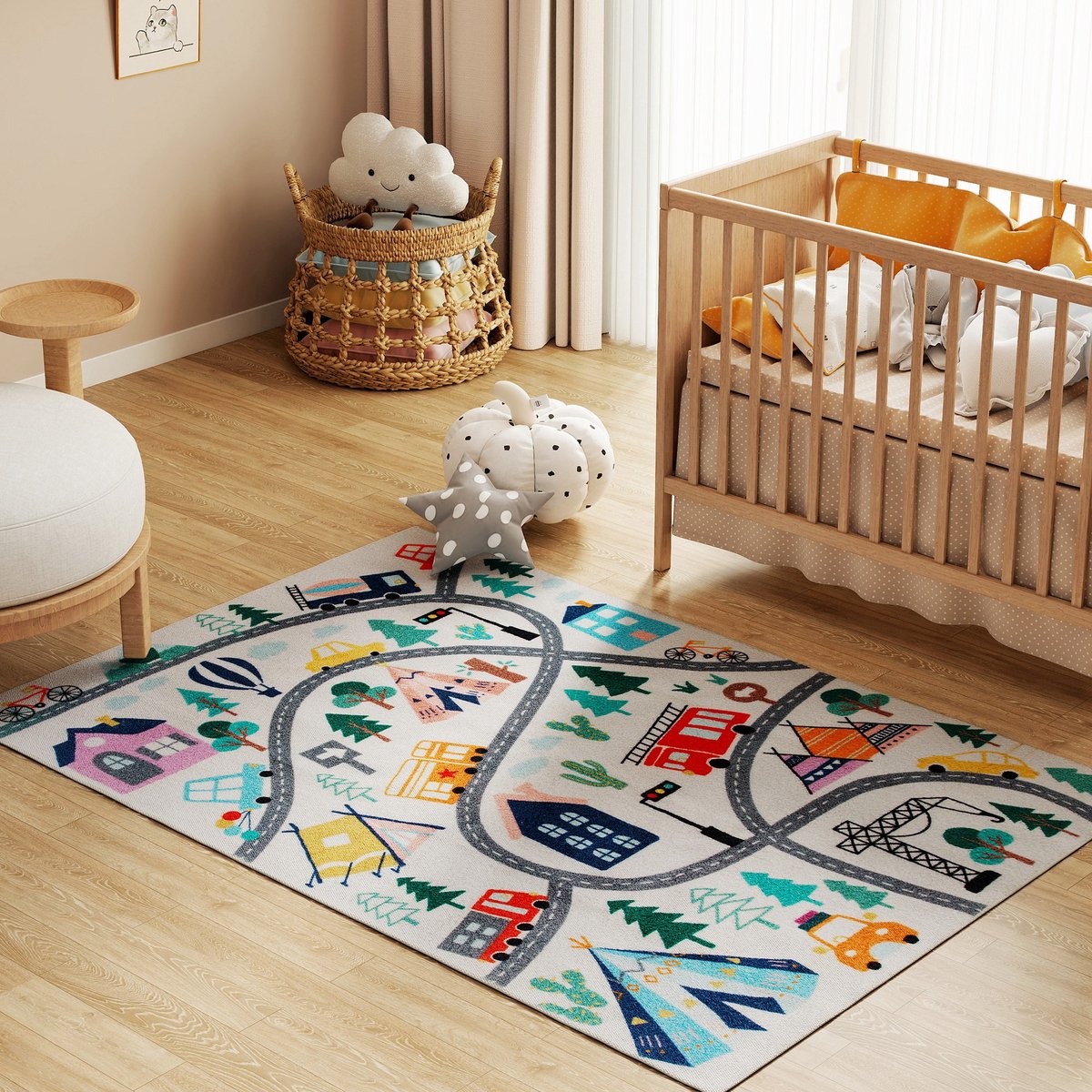 ECTEATOY® Speelmat -Speelkleed - Vloerkleed voor Kinderkamer - Kinderkleed met Autobaan - 160 x 120 cm - Antislip Kindertapijt - Zacht - Wit