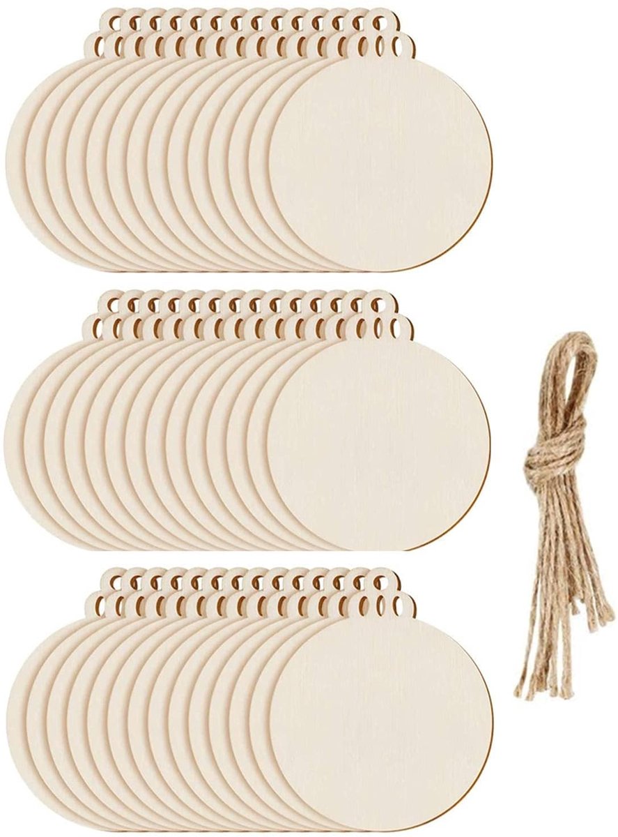 SnelShoppen - 100 stuks ronde houten kerstballen om op te hangen met koord voor kerstboomdecoratie, natuurlijke kleur, perfect voor feestdagen en kers