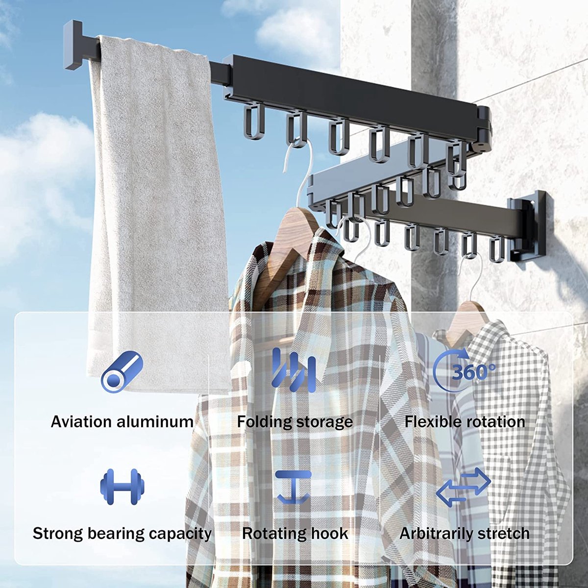 SnelShoppen - Honeyhouse droogrek voor kleding aan de muur - ruimtebesparend intrekbaar klerenhangerrek - opvouwbaar kledingrek voor balkon, wasserij,