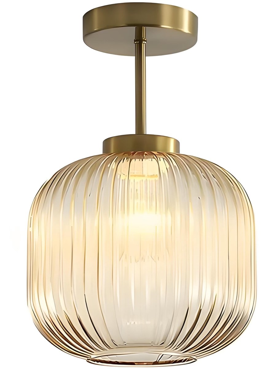 SnelShoppen - Vintage Messing en Glas Plafondlamp E27 - Minimalistische Hanglamp voor Slaapkamer, Woonkamer, Gang - Amber Kleur - Moderne Verlichting