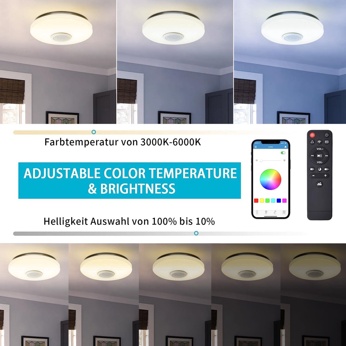 SnelShoppen - Dimbare 30W RGB LED Plafondlamp met Afstandsbediening - Bluetooth Muziekfunctie - Inbouw Plafondlamp voor Woonkamer, Slaapkamer, Kinderk