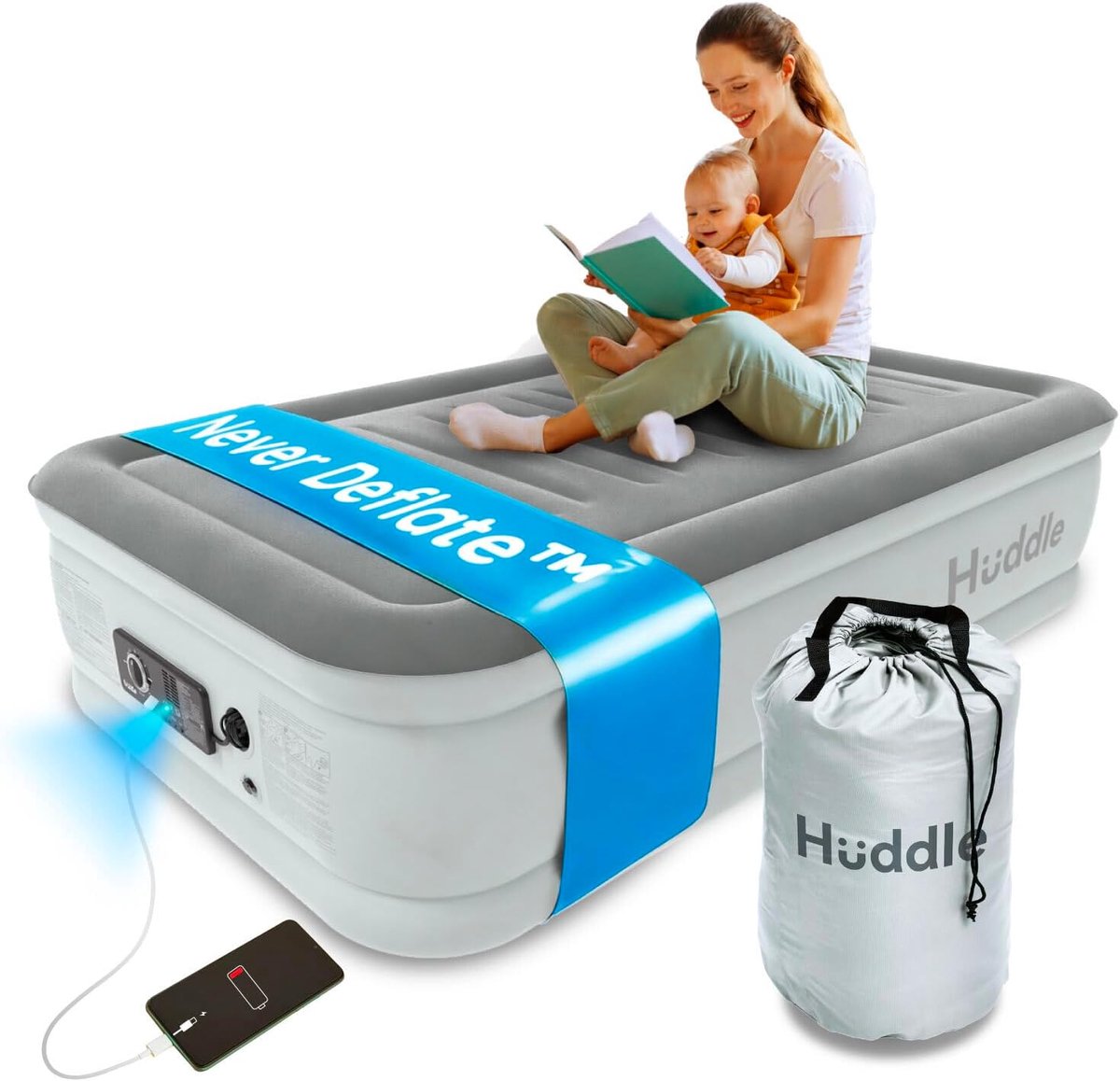 SnelShoppen - Luxe Eenpersoons-Luchtbed met Dual Pump SlumberGuard™ Technologie, NOOIT DEFLATEREN, instelbare stevigheid, ingebouwde pomp, USB-nachtla
