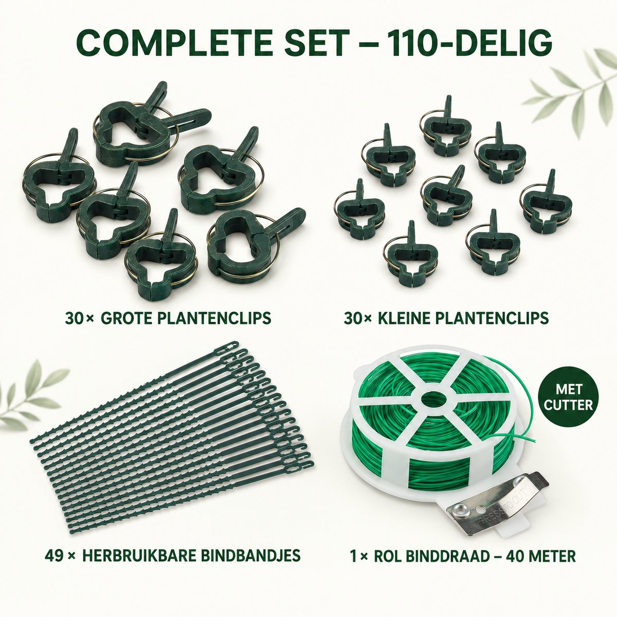Benza – Plantenklemmen Set 110-delig – Plantenbindset met 60 Plantenclips, 49 Herbruikbare Plantenbinders en 40 Meter Binddraad