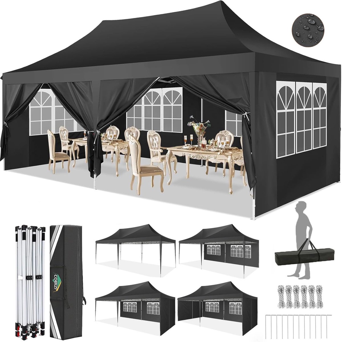 SnelShoppen - Partytent 3x6m Waterdicht - Stabiel en Winterbestendig Pop-Up Paviljoen met 6 Zijdelen voor Feest, Festival, Tuin en Buitenactiviteiten