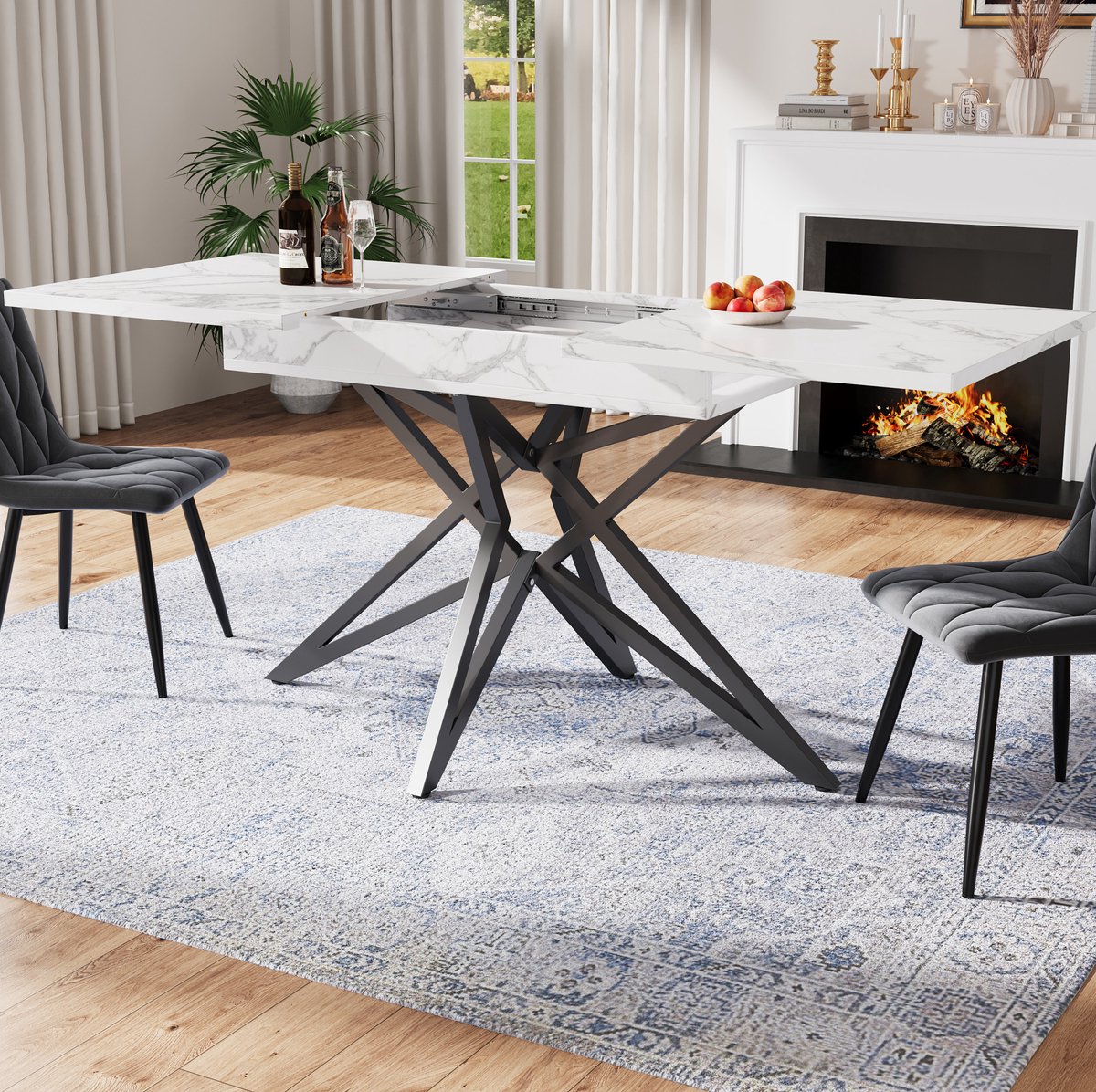 COVREO Set tafel en stoelen 160x80 cm wit, metaal, 4 stoelen uitschuifbaar