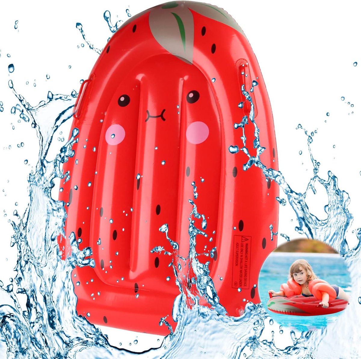 Opblaasbaar luchtmatras, luchtmatras, kindersurfplank, golfruiter, opblaasbaar bodyboard met handgrepen, voor kinderen van 3-14 jaar, 85 x 62 cm, aardbeien