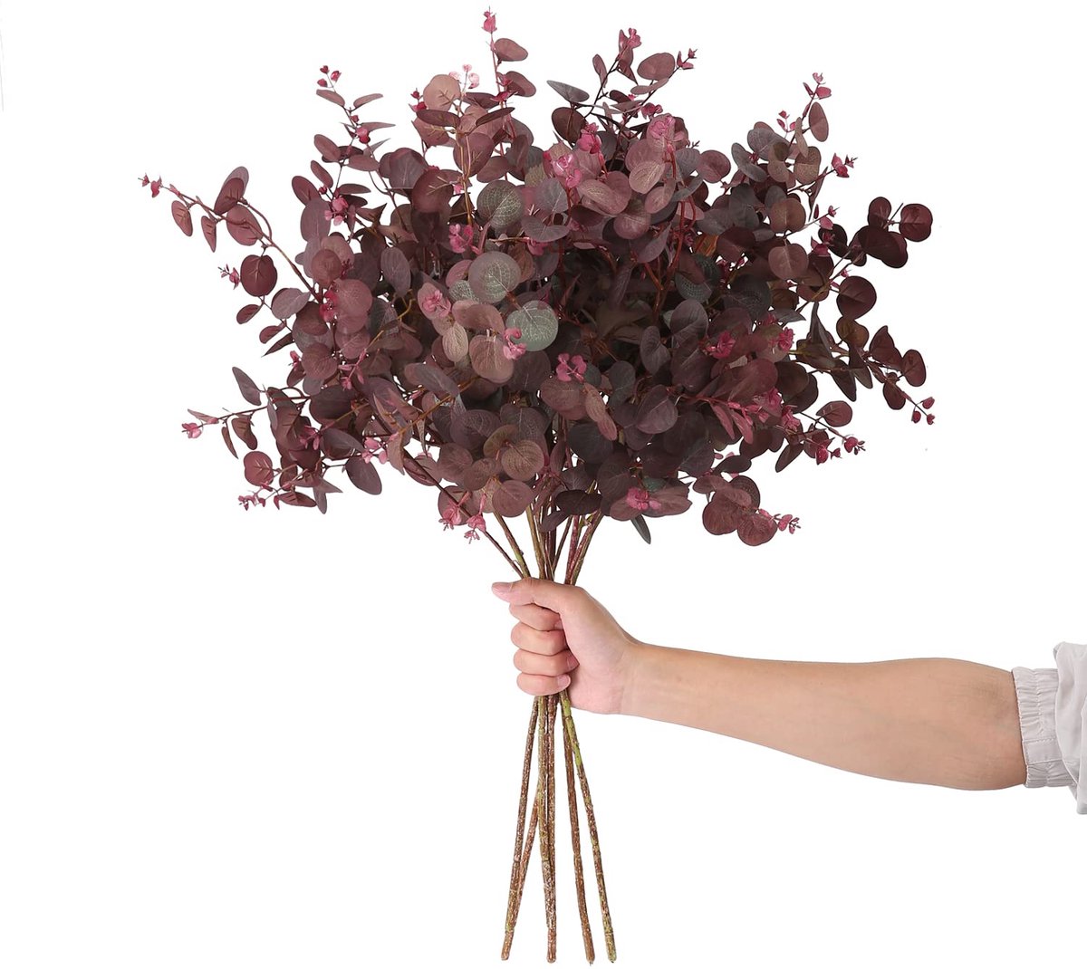 SnelShoppen - 3 Stuks Kunstplanten Eucalyptus Bladeren Hoog 29 Inch - Kunstmatige Takken voor Binnen & Bruiloft Decoratie - Wijnrood Eucalyptus Arrang