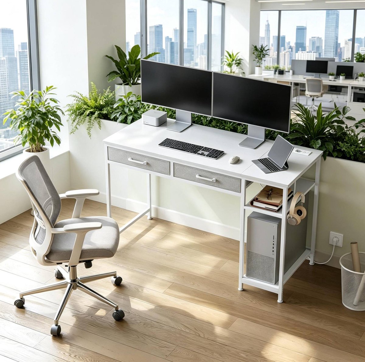 HAUSS SPOLE Bureau - Computertafel Met 2 Stoffen Lades En Oplaadstation - Voor Werken Studeren En Gamen - Hout En Metaal - 120x51x75 Cm - Wit