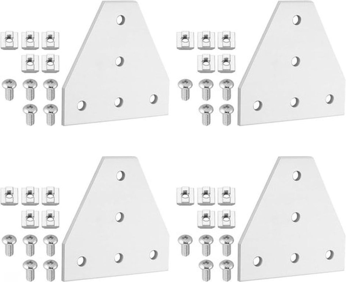 Professionele aluminium profiel connector set, 4 stuks, T-vormige hoek verbinder, zilverkleurig, inclusief moeren en schroeven