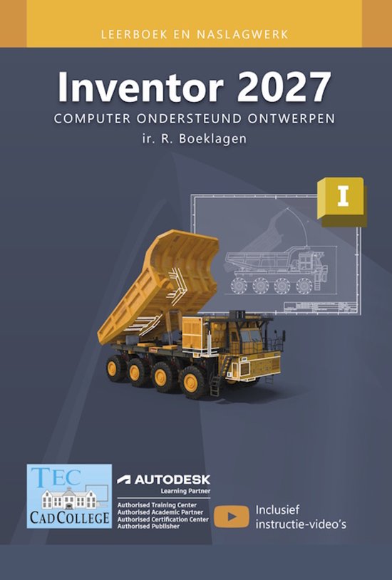 Camion jaune et plan sur la couverture du livre 'Inventor 2027 Computer Ondersteund Ontwerpen'.