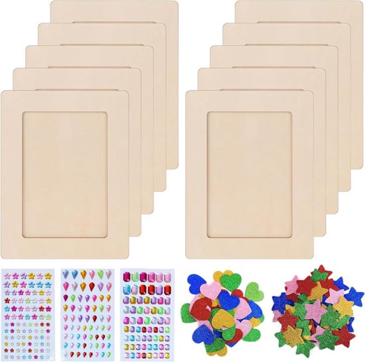 Set van 10 DIY Fotolijsten 14 x 19 cm met Glitters, Stickers en Houten Frames voor Creatieve Projecten voor Jongens en Meisjes