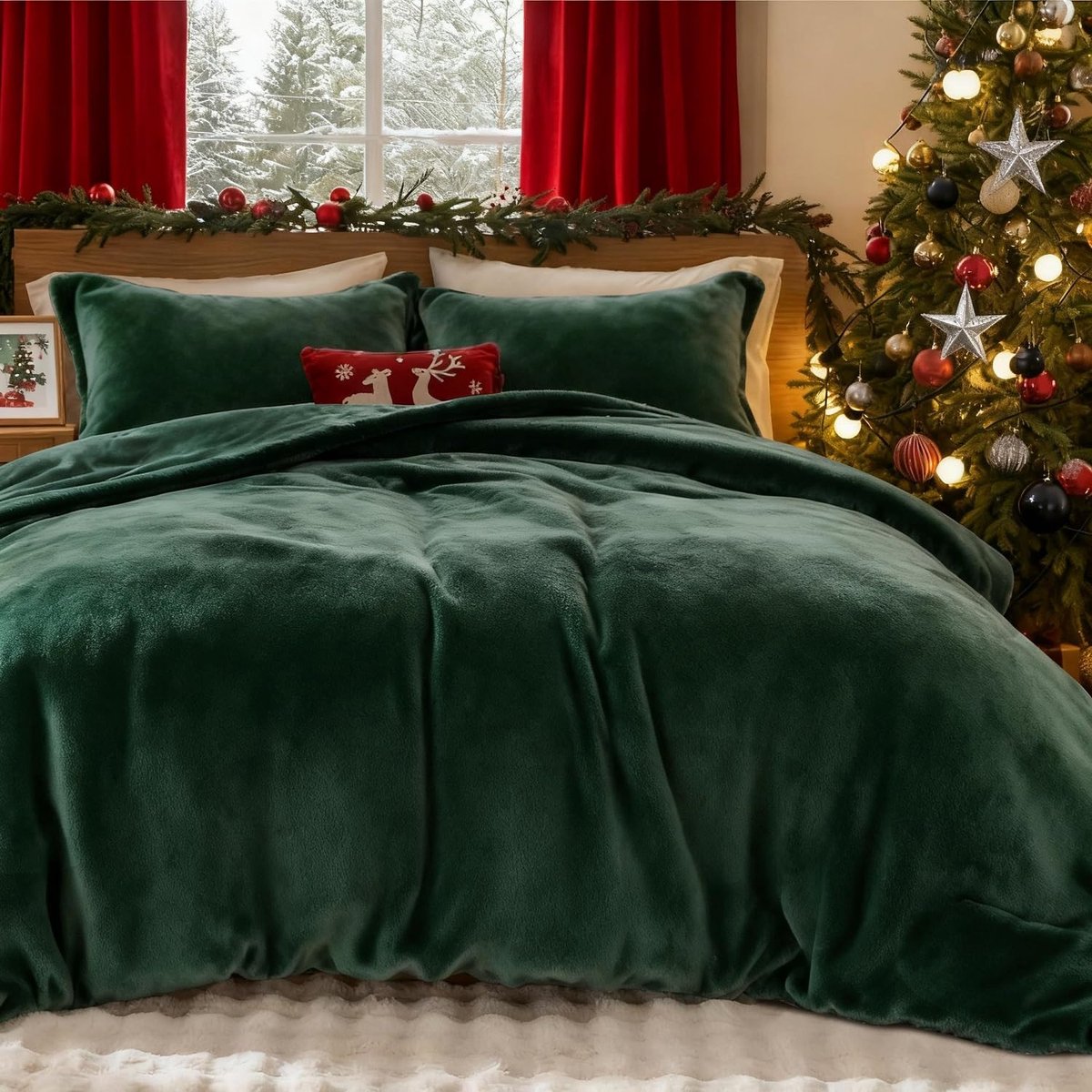 SnelShoppen - Donkergroen Winterbeddengoed 155x220 cm - Flanel Dekbedovertrek met Ritssluiting en 1 Kussensloop 80x80 cm - Fluweelzacht Pluche voor Ge