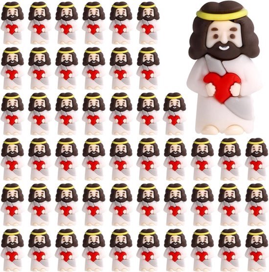 50 Stuks Kleine Jezus Beeldjes met Rode Hart, PVC Miniatuur Decoratie voor Pasen en Valentijnsdag, Perfecte Geschenken en Versiering