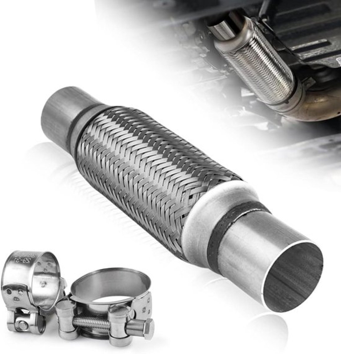 Uitlaat reparatiebuis van roestvrij staal 45 x 200 x 300 mm voor auto's met 2 klemmen - geluidsreducerende flexibele buis.