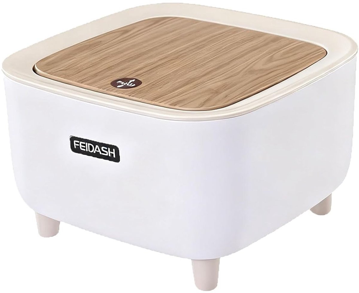 Mini Afvalbak met Houten Deksel - Compacte Cosmetische Emmer, 2 L Capaciteit, Ideaal voor Thuis, Kantoor en Woonkamer (17.3 x 17.2 x 11 cm)