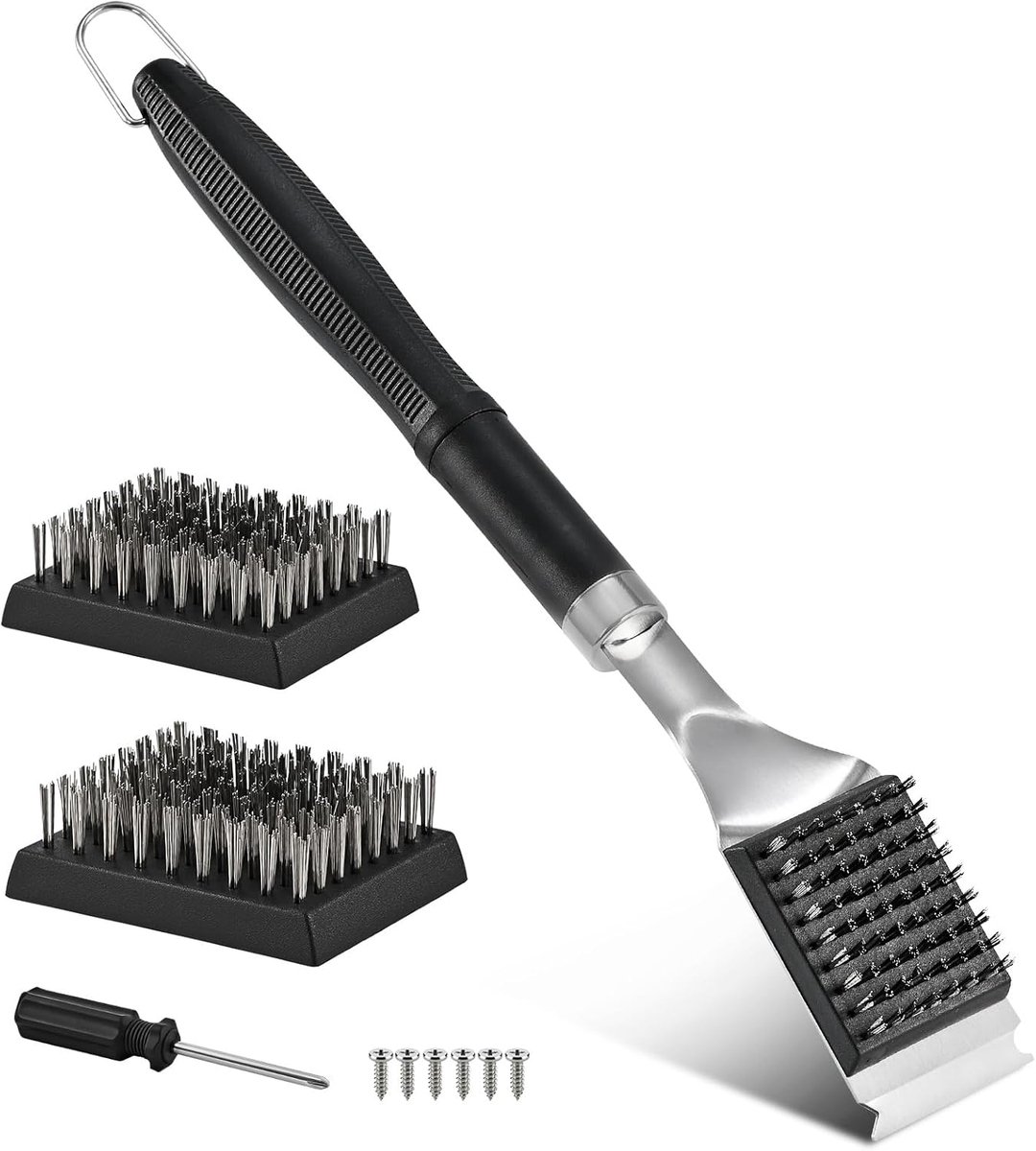 SnelShoppen - Grillborstel met Roestvrijstalen Borstelharen - Extra Lange Grill Reinigingsborstel met Verwisselbare Borstelkoppen voor Tuin, Camping e