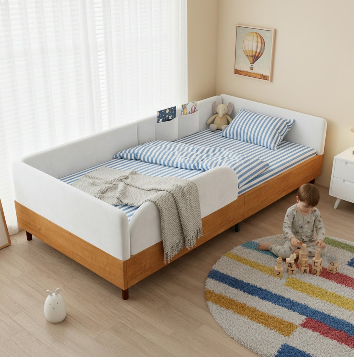 DESMIU Bed 90x200 cm – Kinderbed Met 2 Opbergvakken – Omrand Gestoffeerd Bedframe Met Lattenbodem – Zonder Matras – Stof En Hout – Wit/Naturel