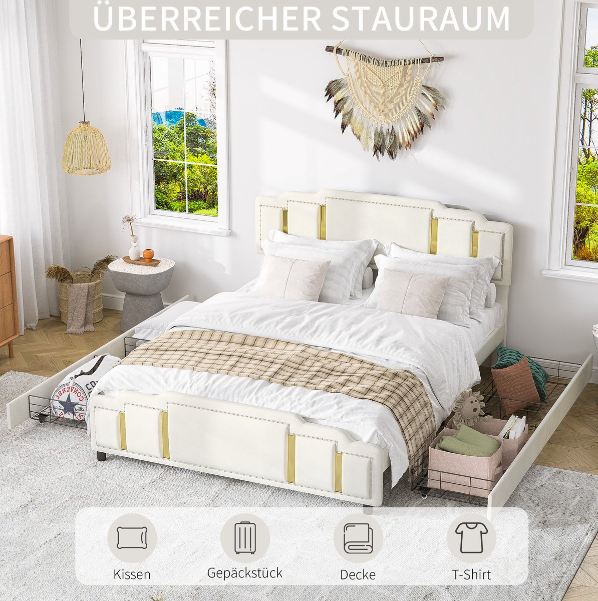 Gestoffeerd Bed 160x200 cm – Tweepersoonsbed Met Ledverlichting – 4 Opberglades – Verstelbaar Hoofdbord – Fluweel – Beige – Zonder matras