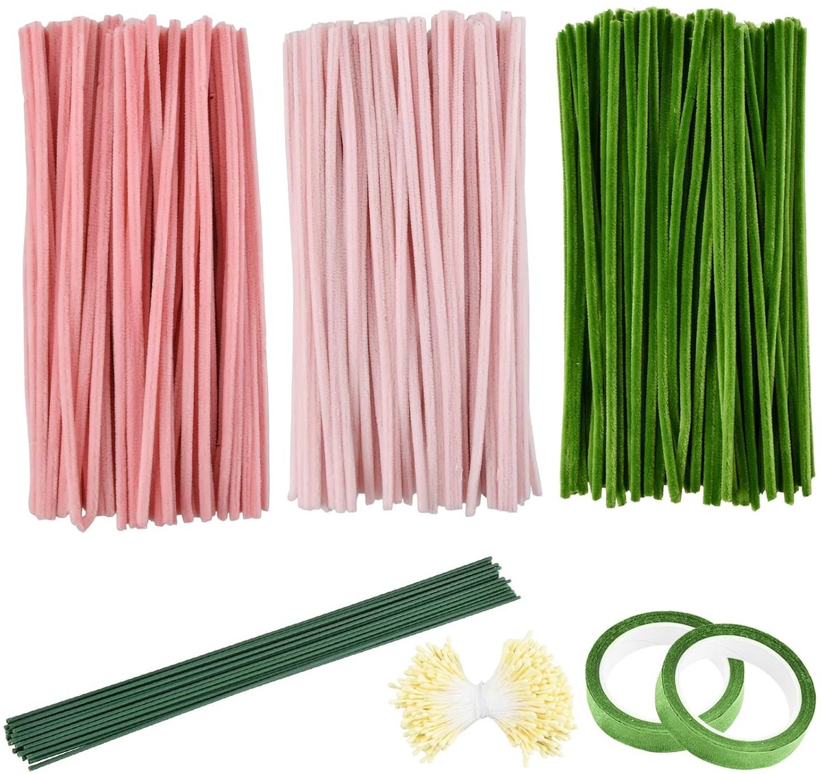 300 stuks kleurrijke tulpen boeket pijpenreinigers, 30 cm chenilledraad, knutselset met 20 groene draadjes en 400 stofbakken