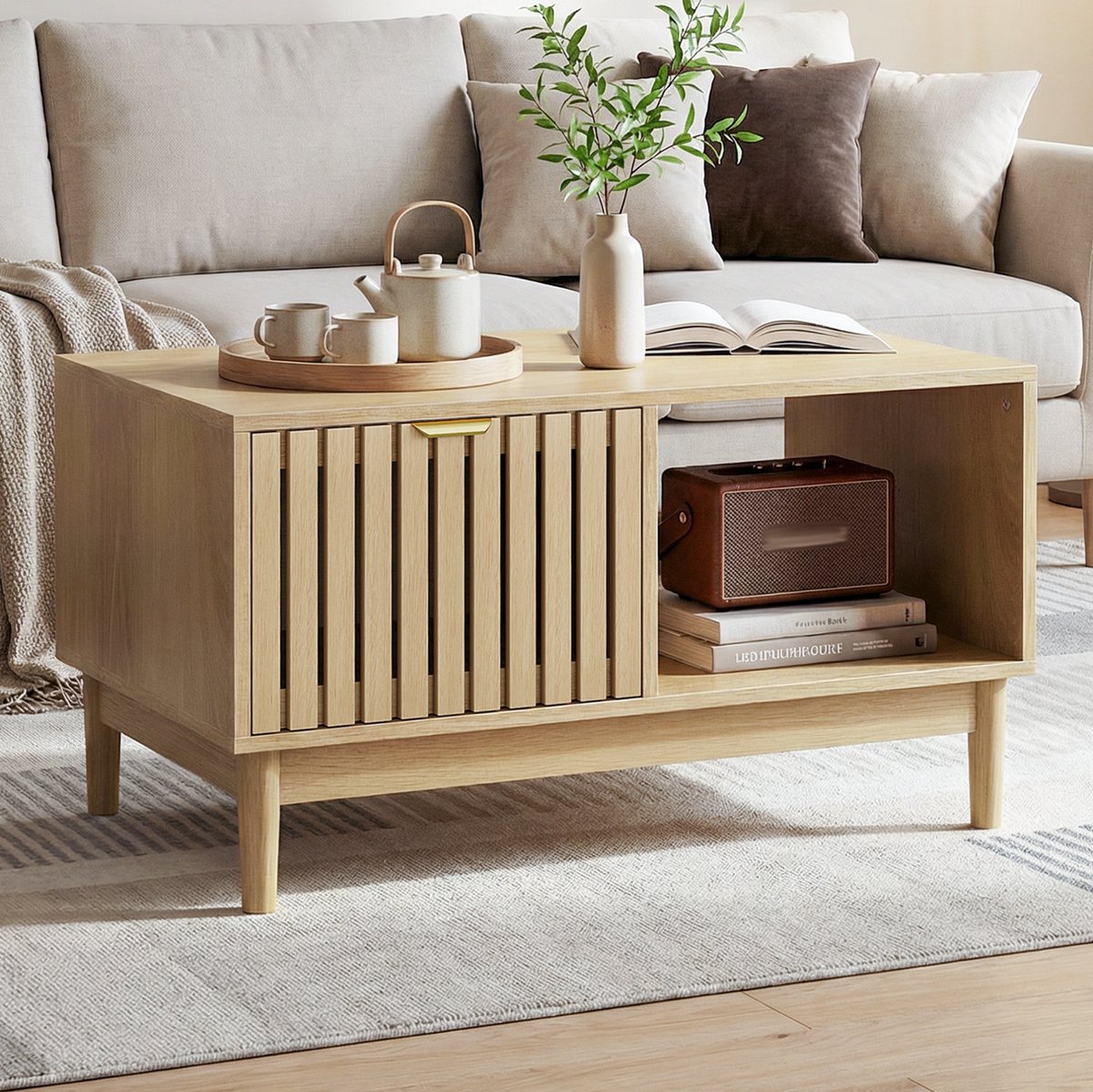 DESMIU Salontafel - Midden-Eeuws Modern Met Lade En Open Vakken - Voor Kleine Woonkamer - MDF En Spaanplaat - 80x50x45 Cm - Eikenkleur