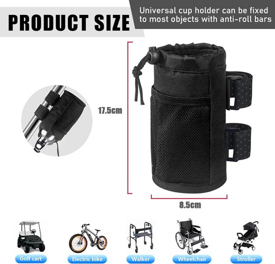 2 stuks - Bidonhouder fiets - Oxford Fleshouder - Oxford stof drinkhouder met klittenband - Bekerhouder buggy - with Mesh Pocket and Cord Lock - 17,5×8,5cm - Zwart - geschikt voor fiets, rolstoel, buggy en golfkar — afbeelding 2