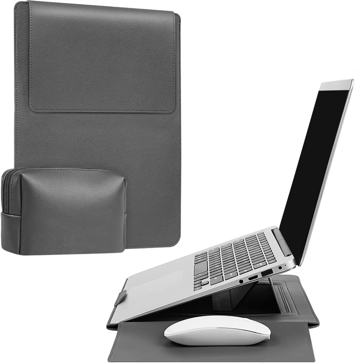 SnelShoppen - AOOSU Laptophoes met Standaardfunctie voor 13,3-14 Inch Laptops, Slanke Laptoptas van PU-Leer met Accessoirevak, Veelzijdige Laptophoes