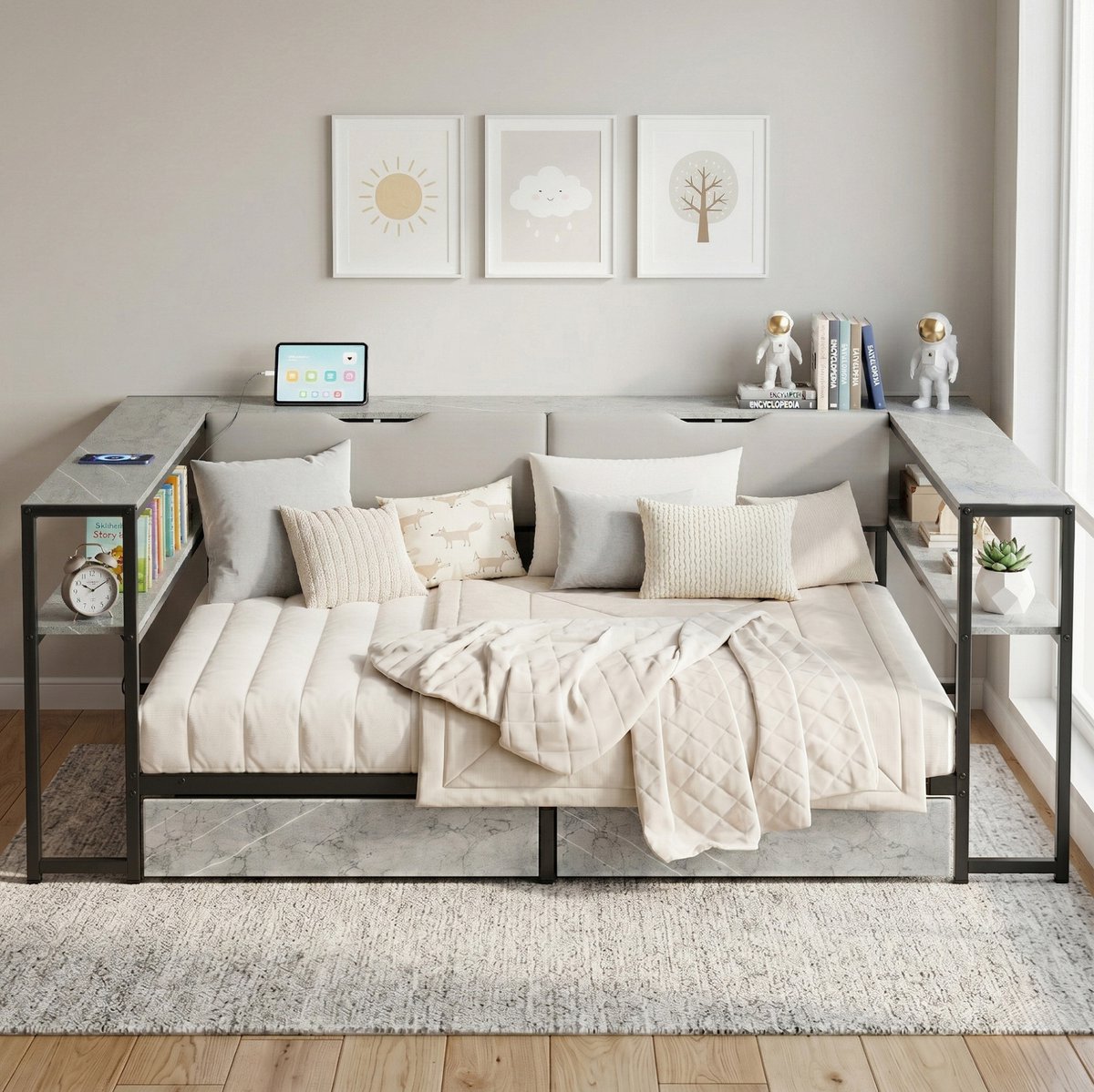 DESMIU Slaapbank 140x200cm Met USB En Type C Oplaadpunt, 2 Lades En Lattenbodem, Voor Kinderkamer En Jeugdkamer, Grijs, Zonder Matras