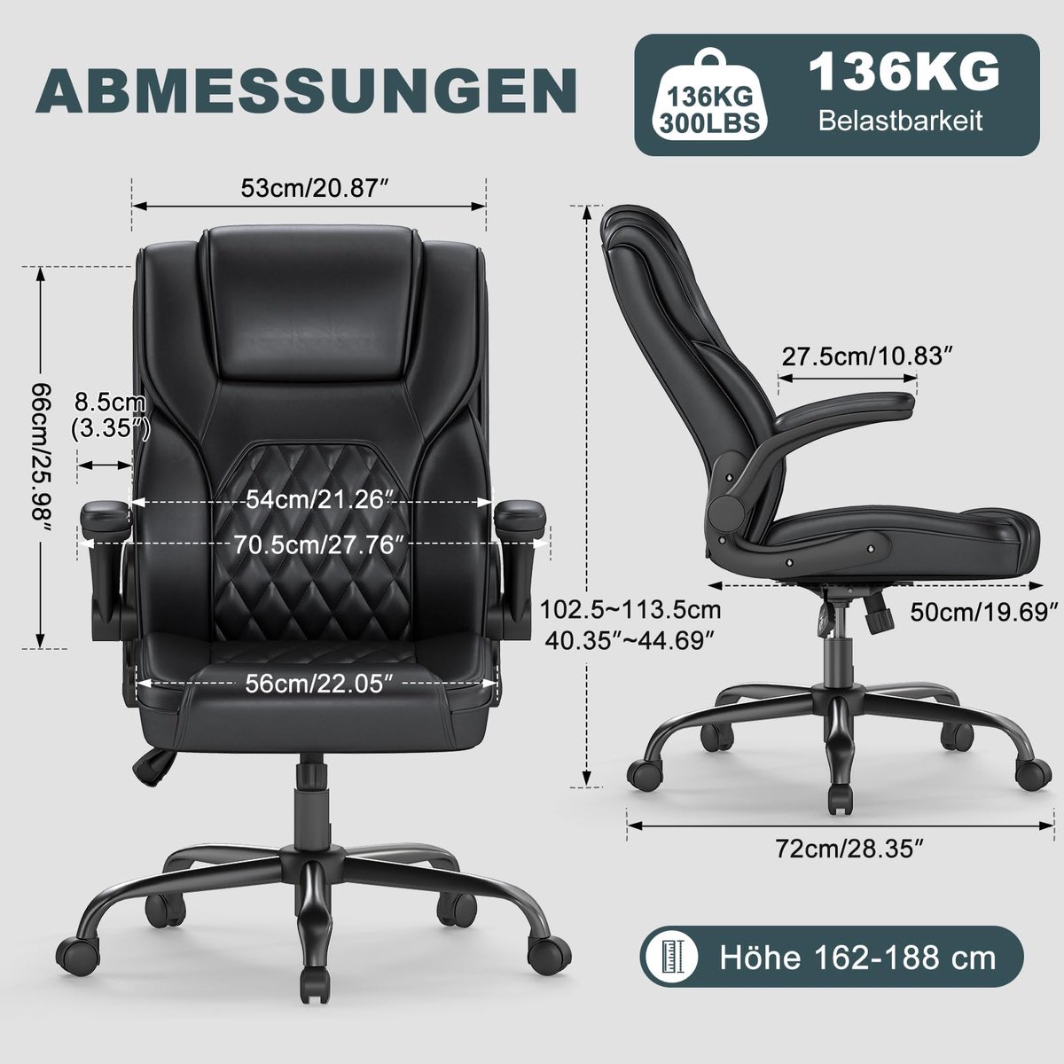 SnelShoppen - Ergonomische Bureaustoel met Opklapbare Armleuningen, Hoogte Verstelbare Directeursstoel van Kunstleer, Draagvermogen 136 kg, Zwart, Ide