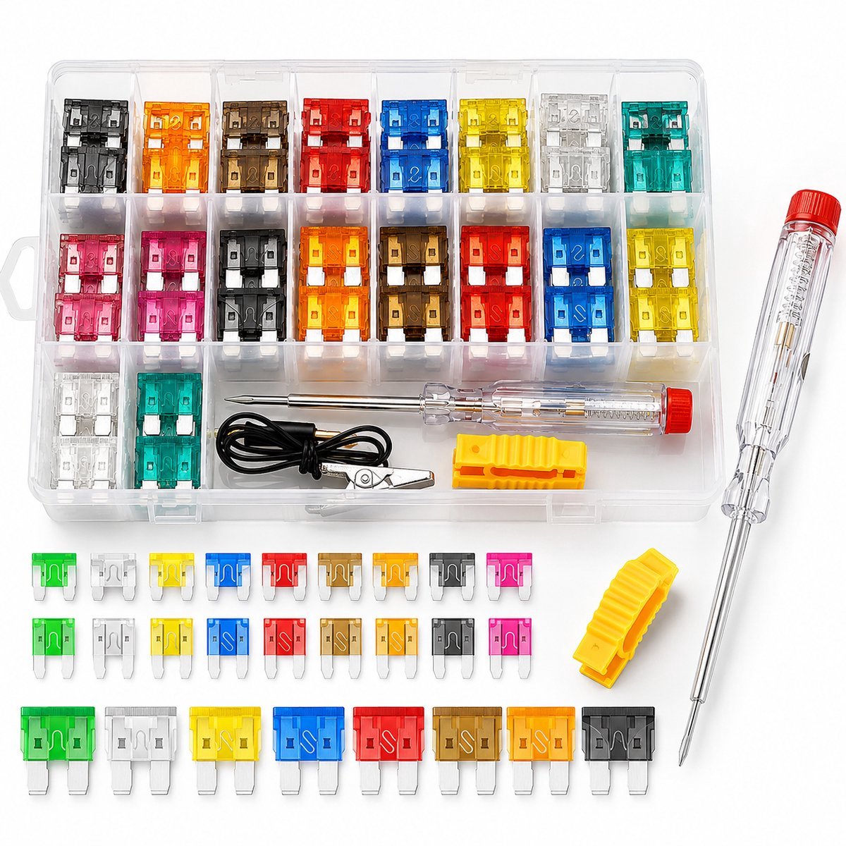 BOTC Autozekeringen Set - 300-delig - Complete Zekeringenset met 300 Blade Fuses, Spanningstester en Zekeringtrekker voor Auto, Camper, Motor en Boot